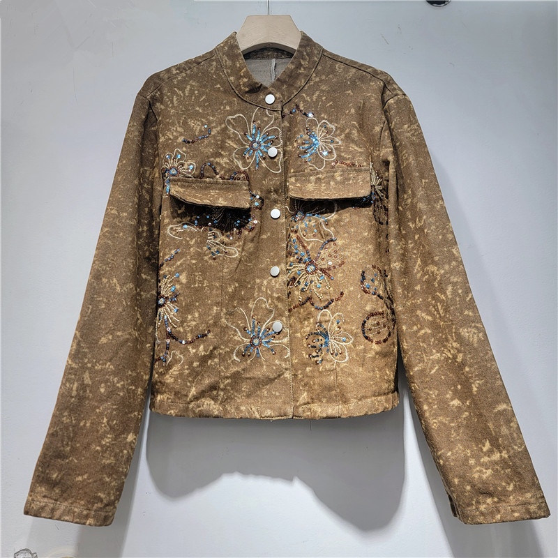 Embroidery Jacket Jeans - Spring Fashion Sequins Embroidery Flowers Coffee