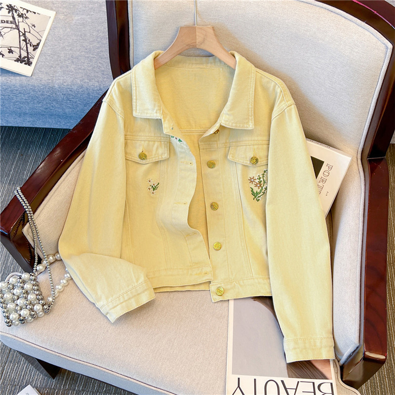 Embroidery Jacket Jeans - Korean Vintage Flower Embroidery Yellow Short