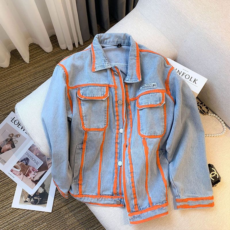 Embroidery Jacket Jeans - Retro Women Striped Graffiti Contrasting Color